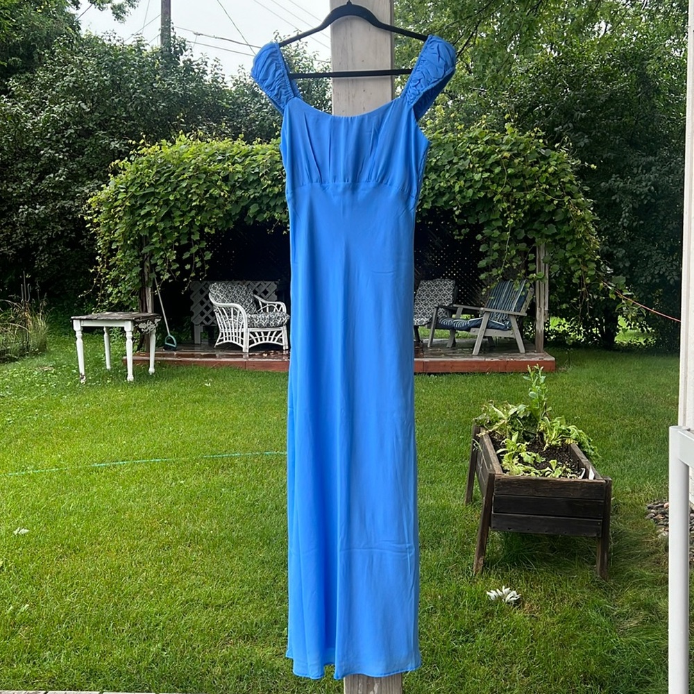Blue puff sleeve cap sleeve maxi dress (lined) - M Tall